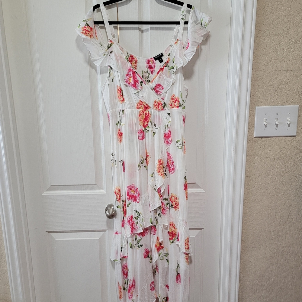Torrid White Floral Flounce Challis Maxi Dress